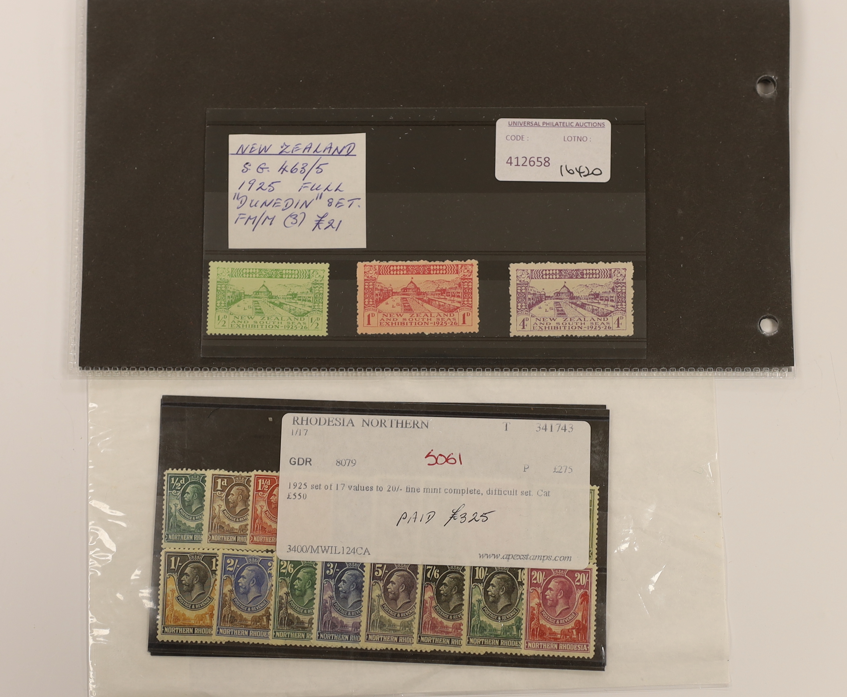 Various stamps including New Guinea 1931 both Overprinted air sets, 1935 £2, 1939 set to £1, New Zealand Q.V. Postal Fiscals to 5/- (2), 6/- and 10/-, 1902 2/- marginal block, Rhodesia 1905 Falls set, Northern Rhodesia 1